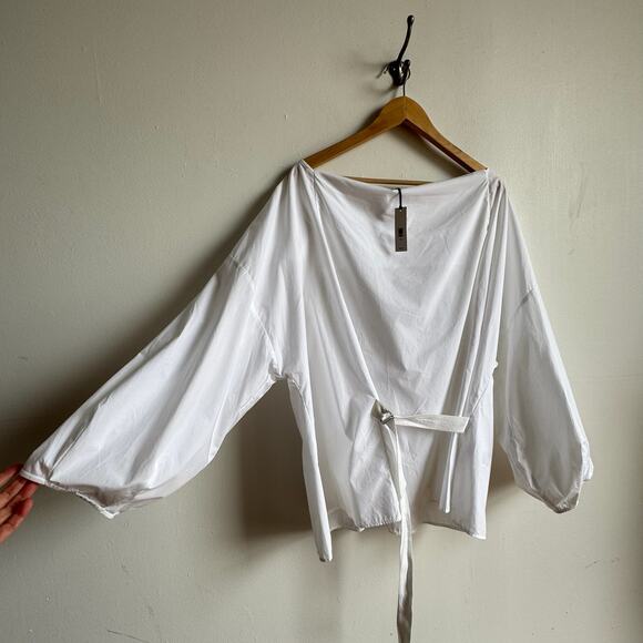 NWT BANANA REPUBLIC Reversible Cotton Poplin Cowl-neck Tie-waist Top White - Picture 2 of 10